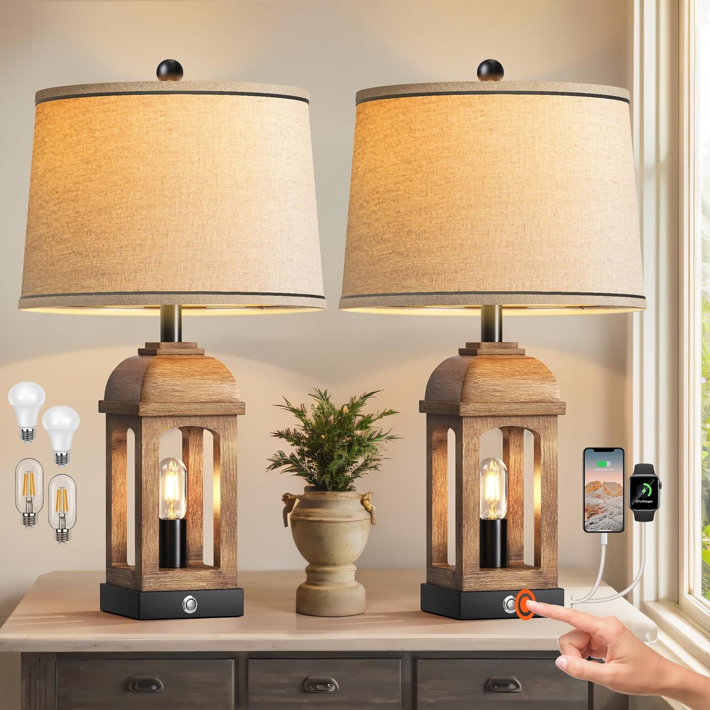 QiMH Rustic Table Lamp Set of 2 with USB Ports and Nightlight