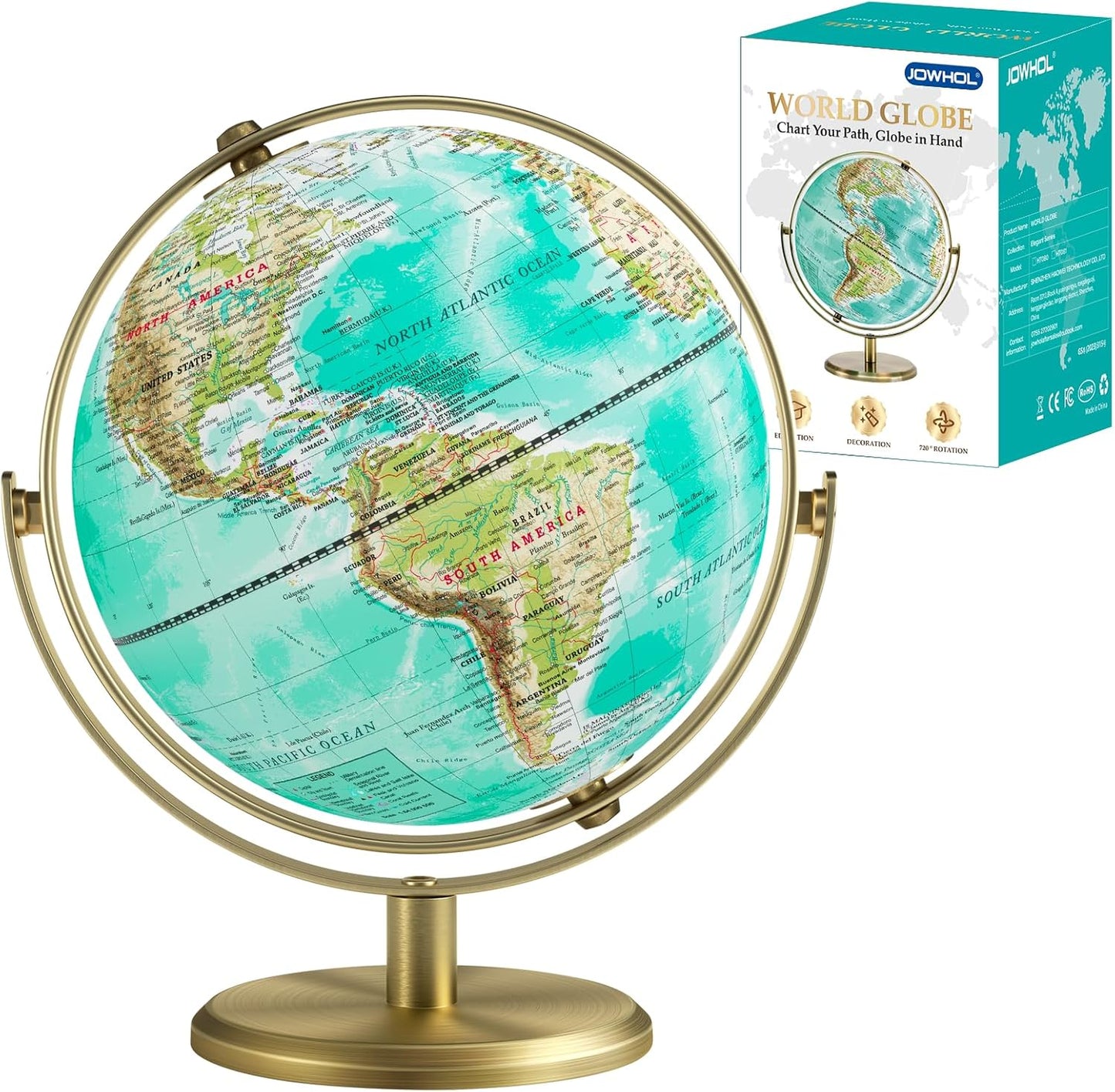 8 Inch World Globe with Gold Stand for Education and Decor