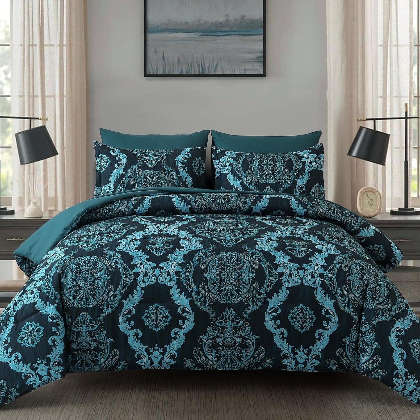 Teal Texture Queen Comforter Set by WONGS BEDDING - 7 Piece