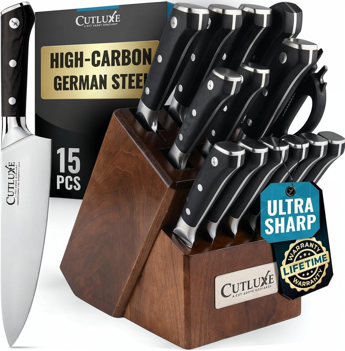 Cutluxe 15-Piece Knife Set with High Carbon German Steel Blades