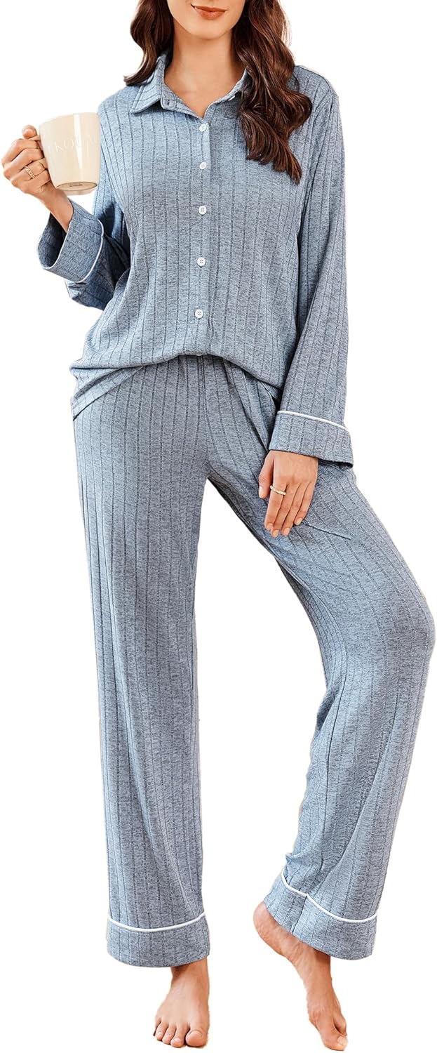 Ekouaer Womens Pajama Sets Long Sleeve Ribbed Knit Lounge Set