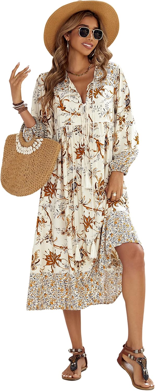 R.Vivimos Women's Long Sleeve Floral Print Bohemian Midi Dress