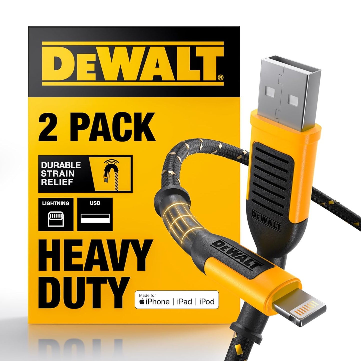 DEWALT Heavy Duty iPhone Charger Cord 2-Pack for Fast Charging