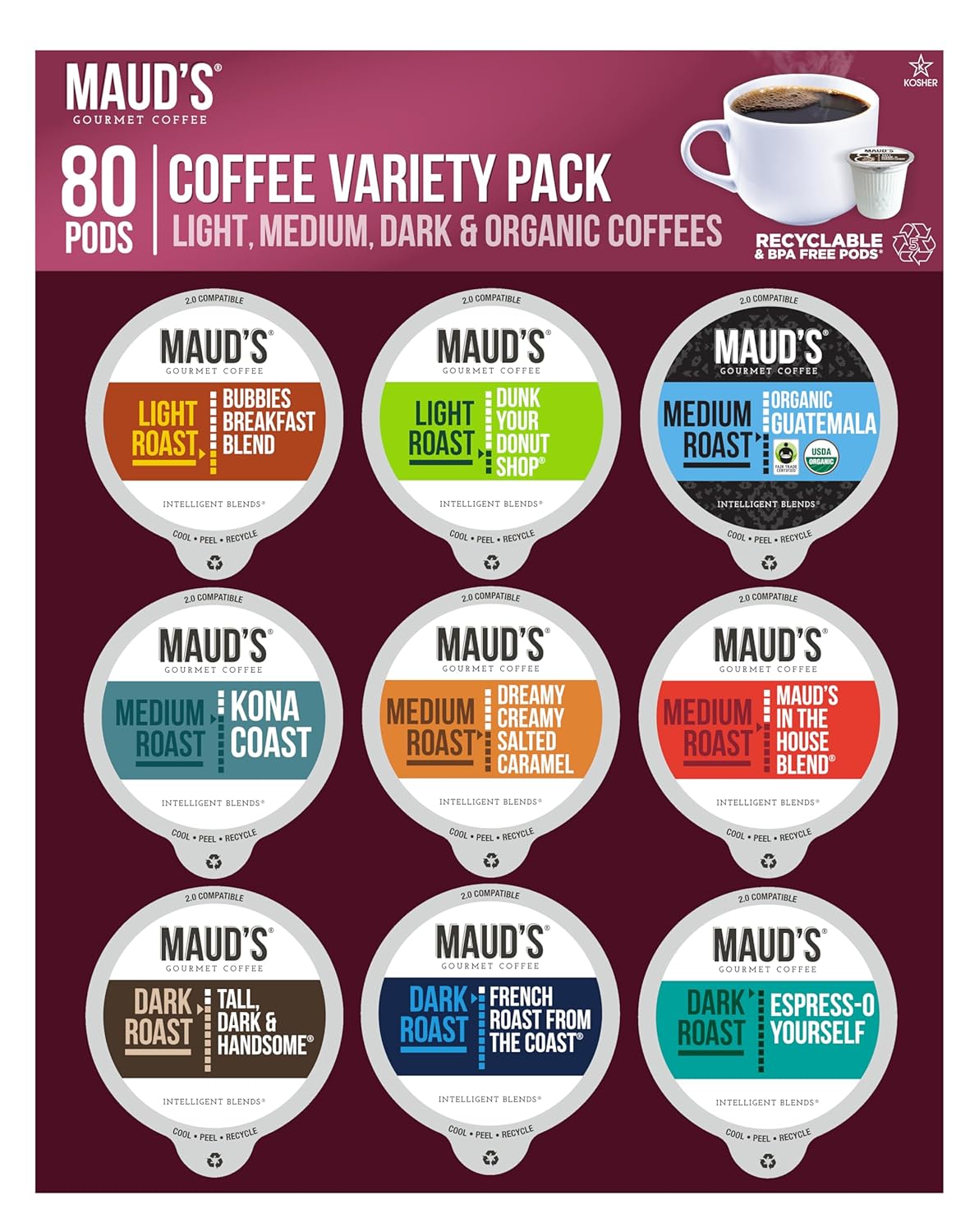 Maud's Variety Pack - 9 Flavored Coffees, 100% Arabica, Solar Pods