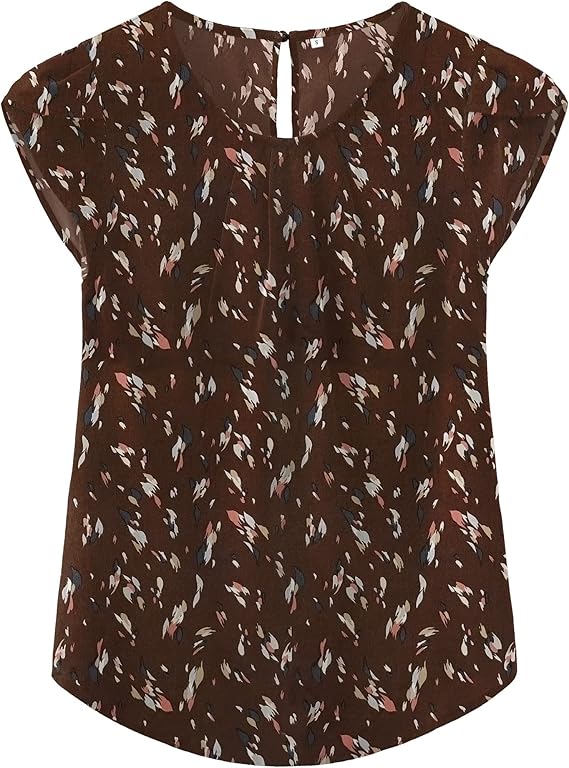 TASAMO Women's Casual Round Neck Pleated Top with Cap Sleeves