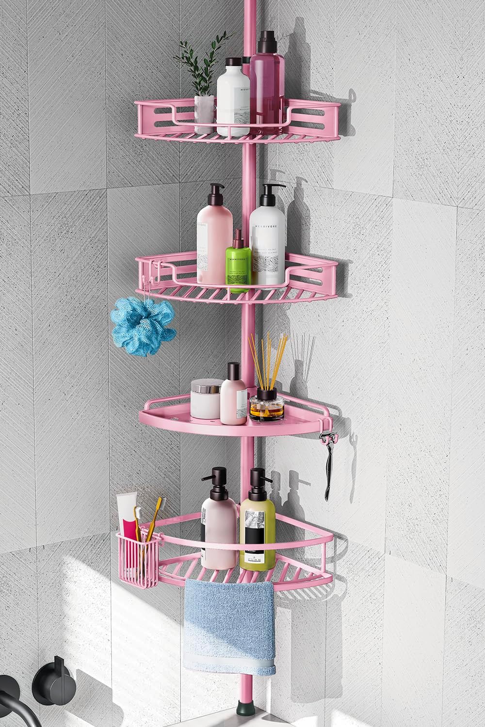 HAMITOR Corner Shower Caddy Tension Pole for Bathroom Storage