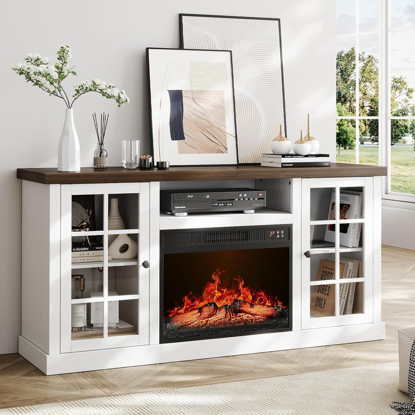 Modern White TV Stand with Electric Fireplace - Fits up to 65 TVs