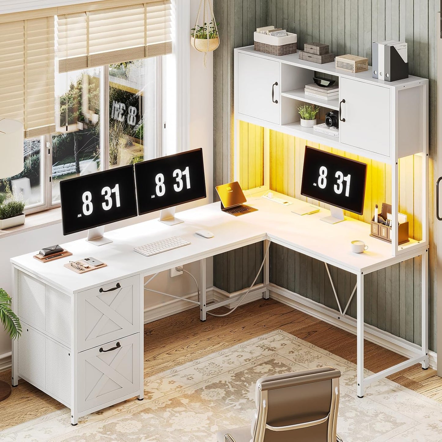 SEDETA White L Shaped Office Desk with LED Lights and Storage