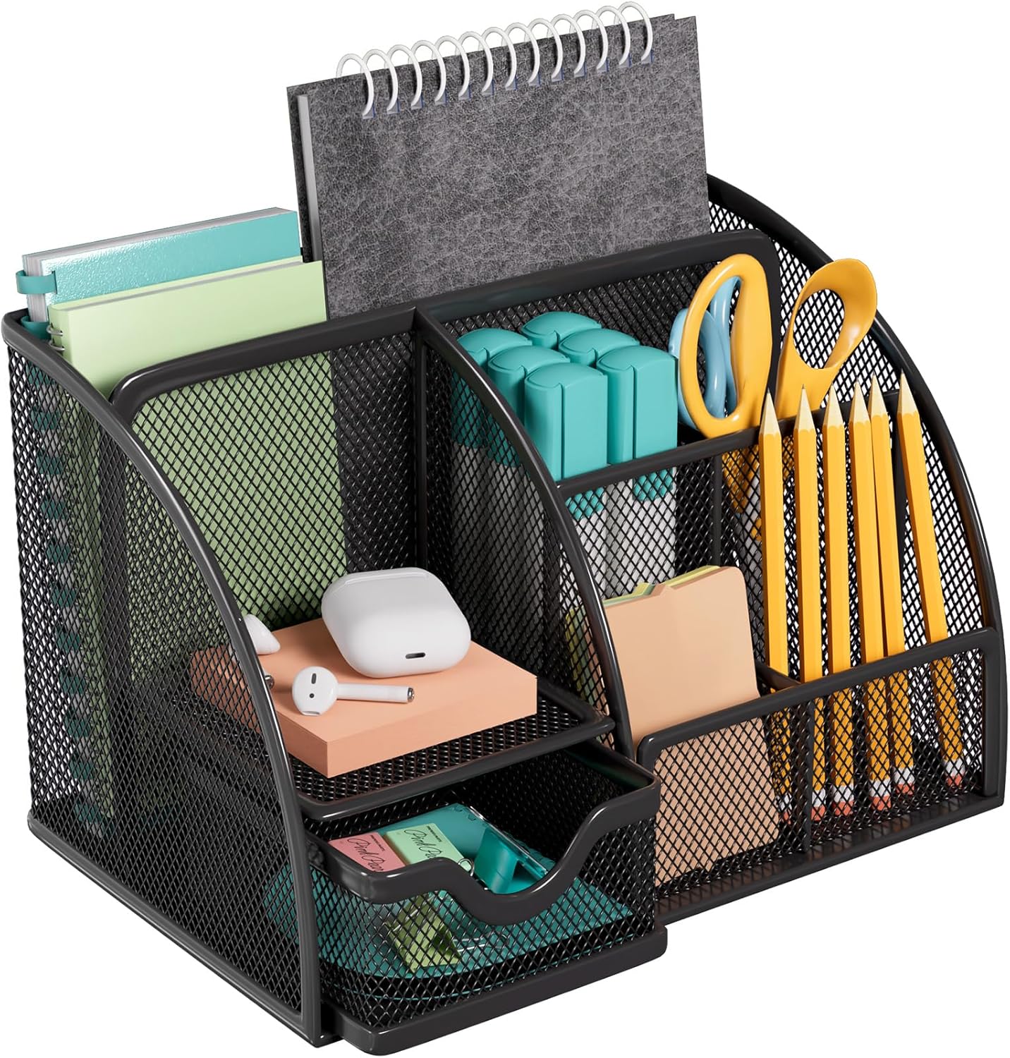 MaxGear Metal Mesh Desk Organizer - Sleek 6-Compartment Pen Holder with Drawer