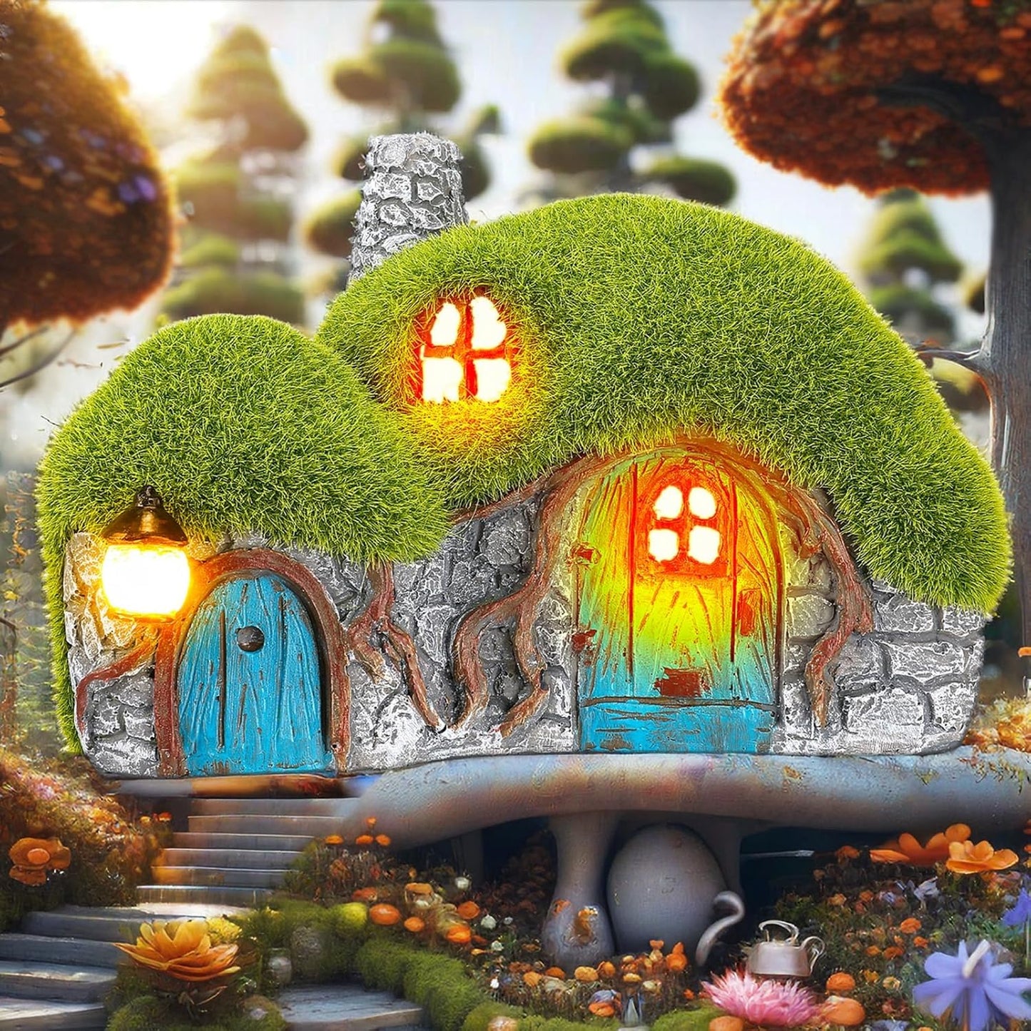 Outdoor Figurine Lights Garden House Statue for Yard Decor