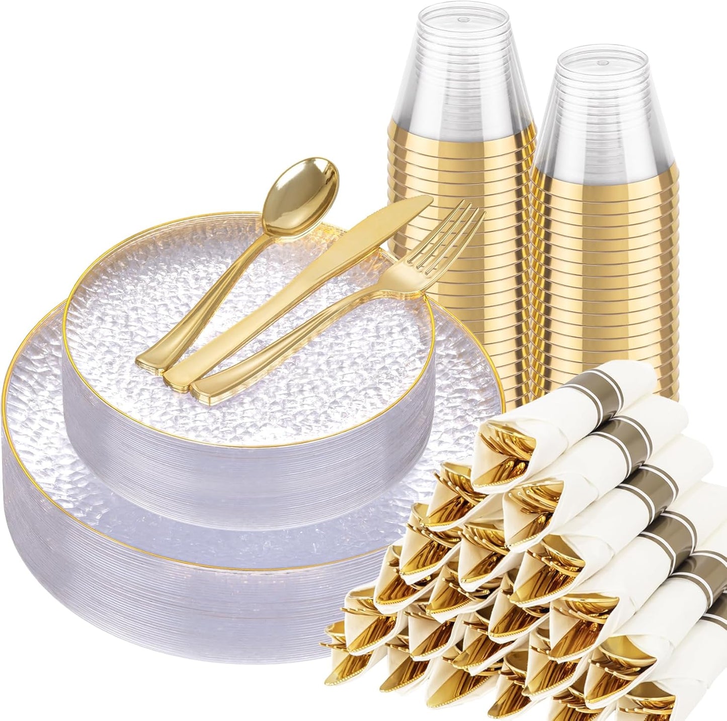 Elegant Clear Gold Plastic Plates Set for Weddings and Parties