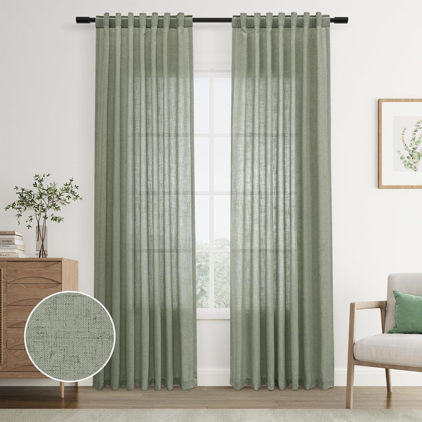 Joywell Sage Green Back Tab Linen Curtains for Living Room