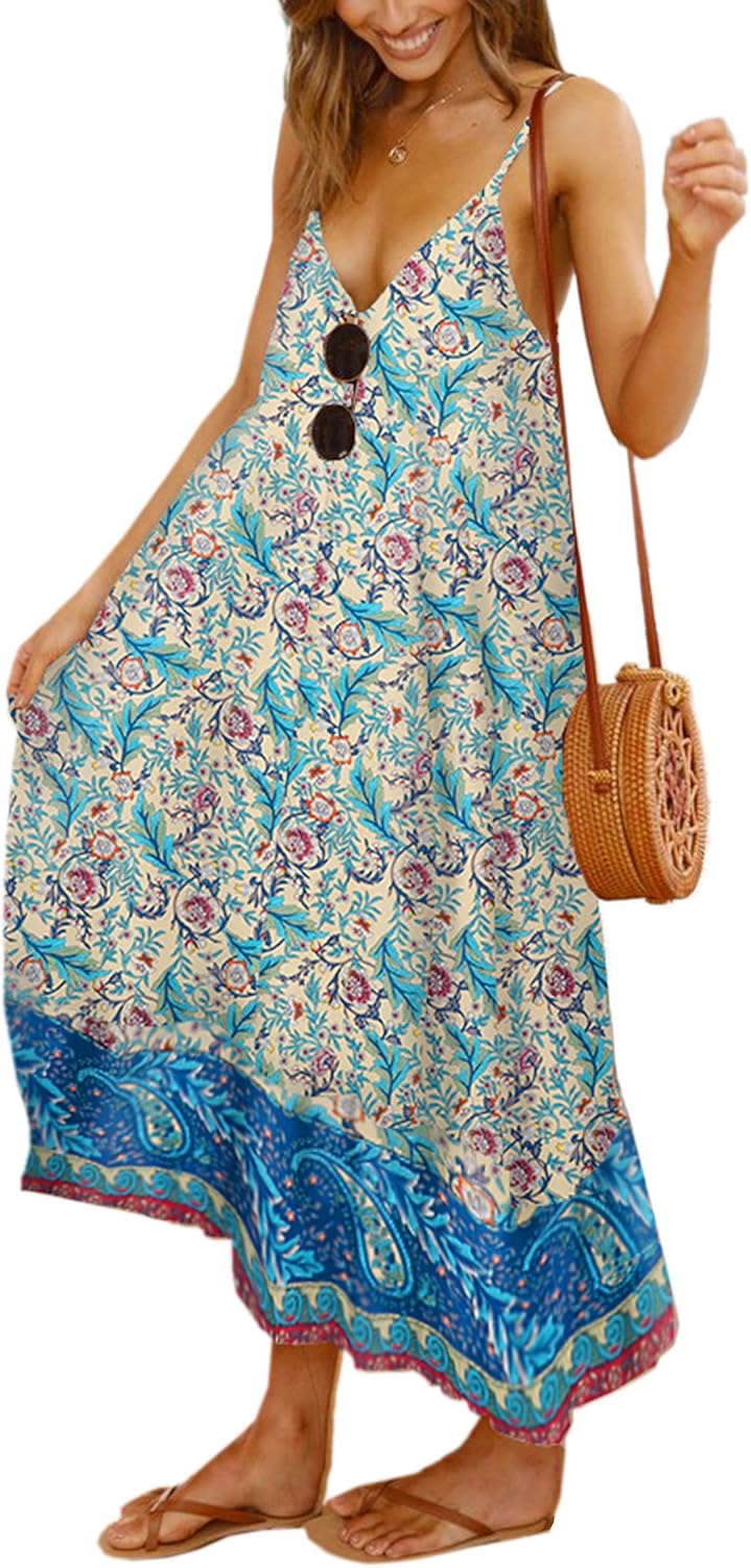 Floral Adjustable Spaghetti Strap V Neck Maxi Dress for Summer