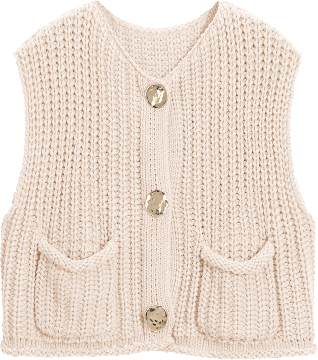 Womens Crochet Chunky Knit Top Sleeveless Cardigan with Pockets