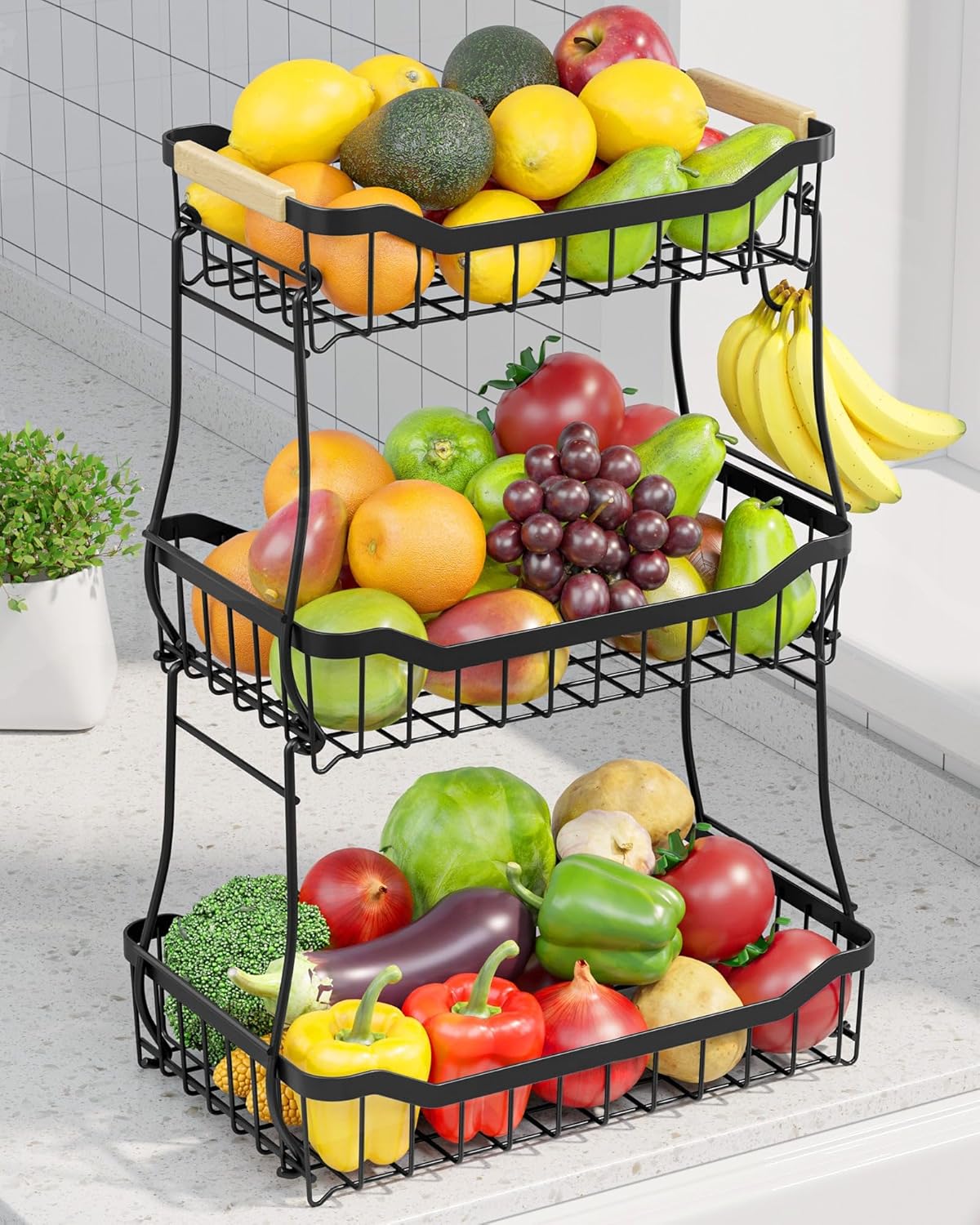 3 Tier Detachable Fruit Basket with Banana Hanger for Kitchen