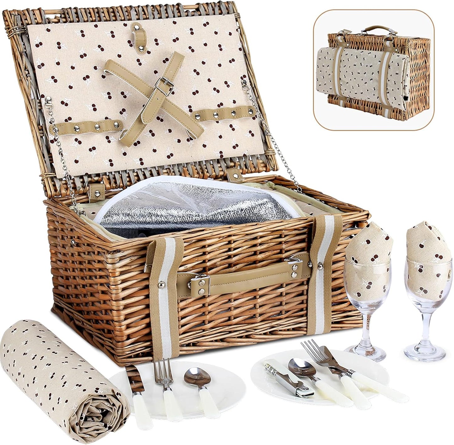 Willow Picnic Basket Set for 2 with Insulated Cooler Bag