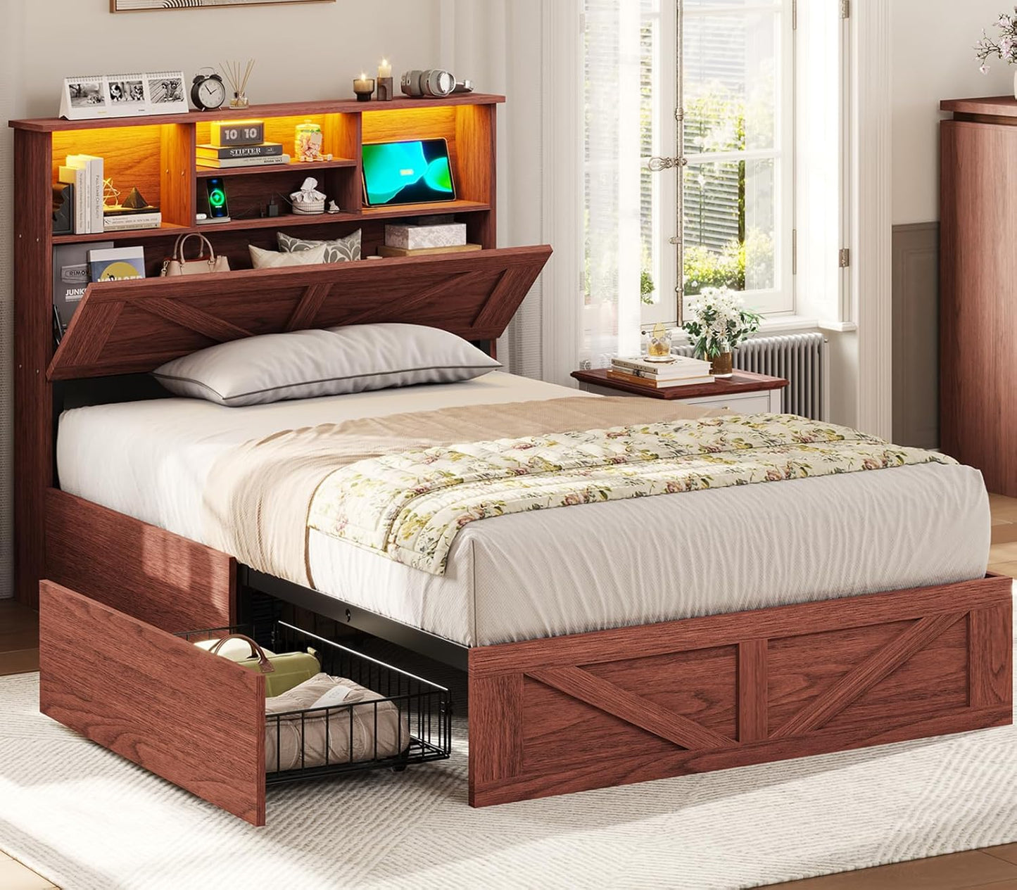 Farmhouse Twin Bed Frame with Bookcase Storage and LED Lights
