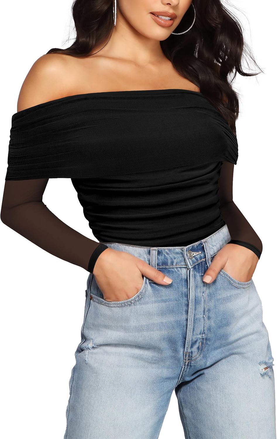 SAUNGKUAI Women's Off The Shoulder Long Sleeve Bodysuit for Fall