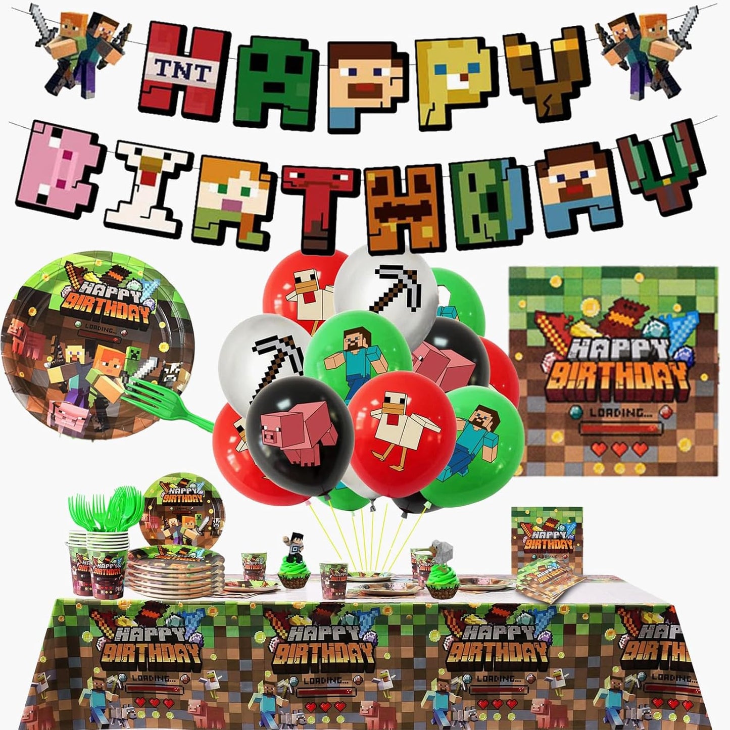 Pixel Birthday Party Decorations Supplies for Minecraft Fun