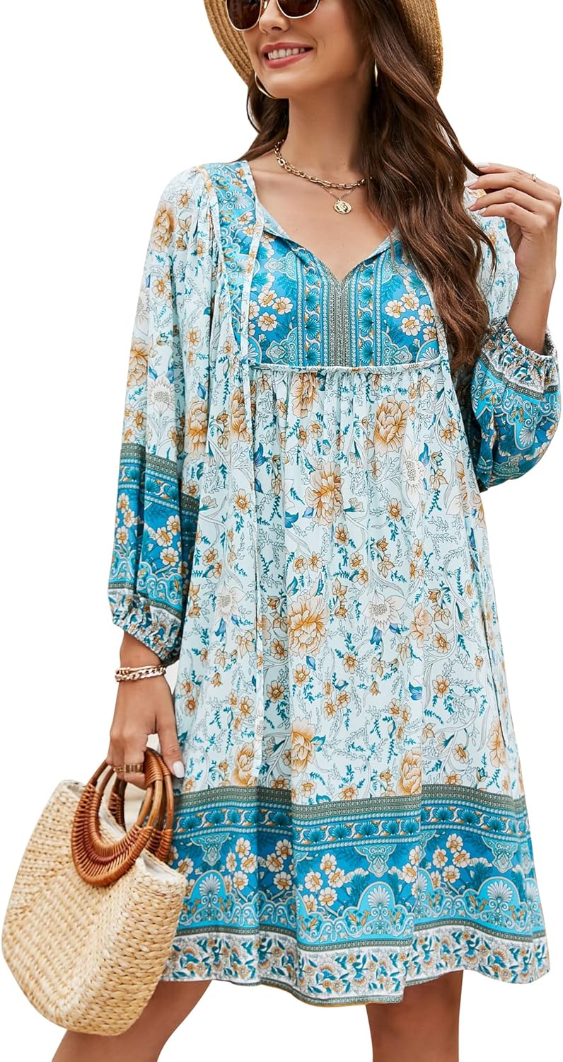 Bluetime Women Casual Summer Dress Boho V Neck Floral Print