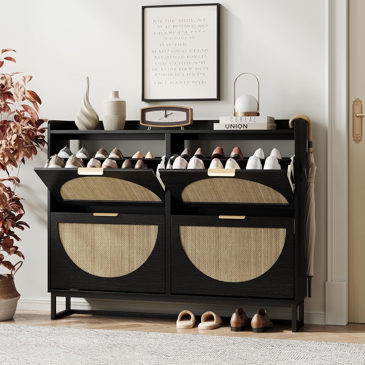 Maupvit Large Rattan Shoe Storage Cabinet with 4 Flip Drawers