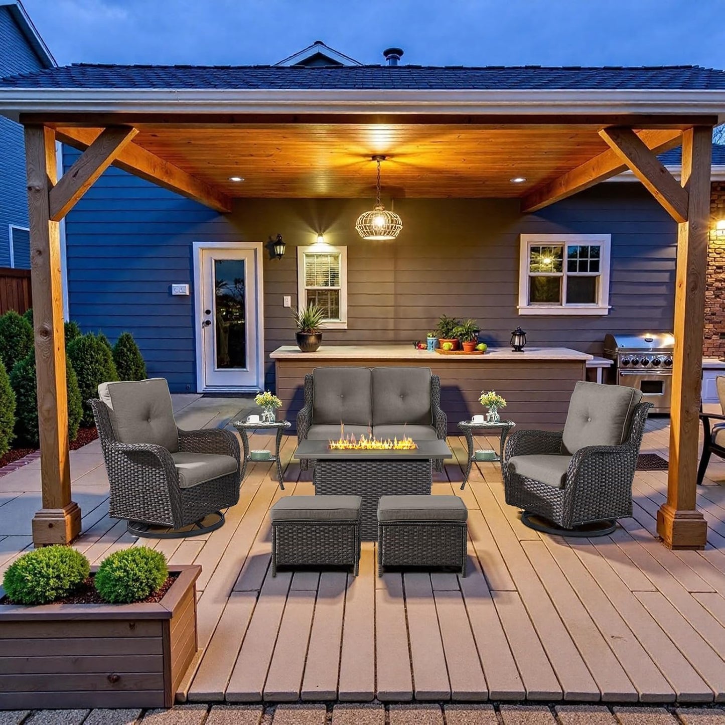 8 Piece Outdoor Patio Furniture Set with Fire Pit Table