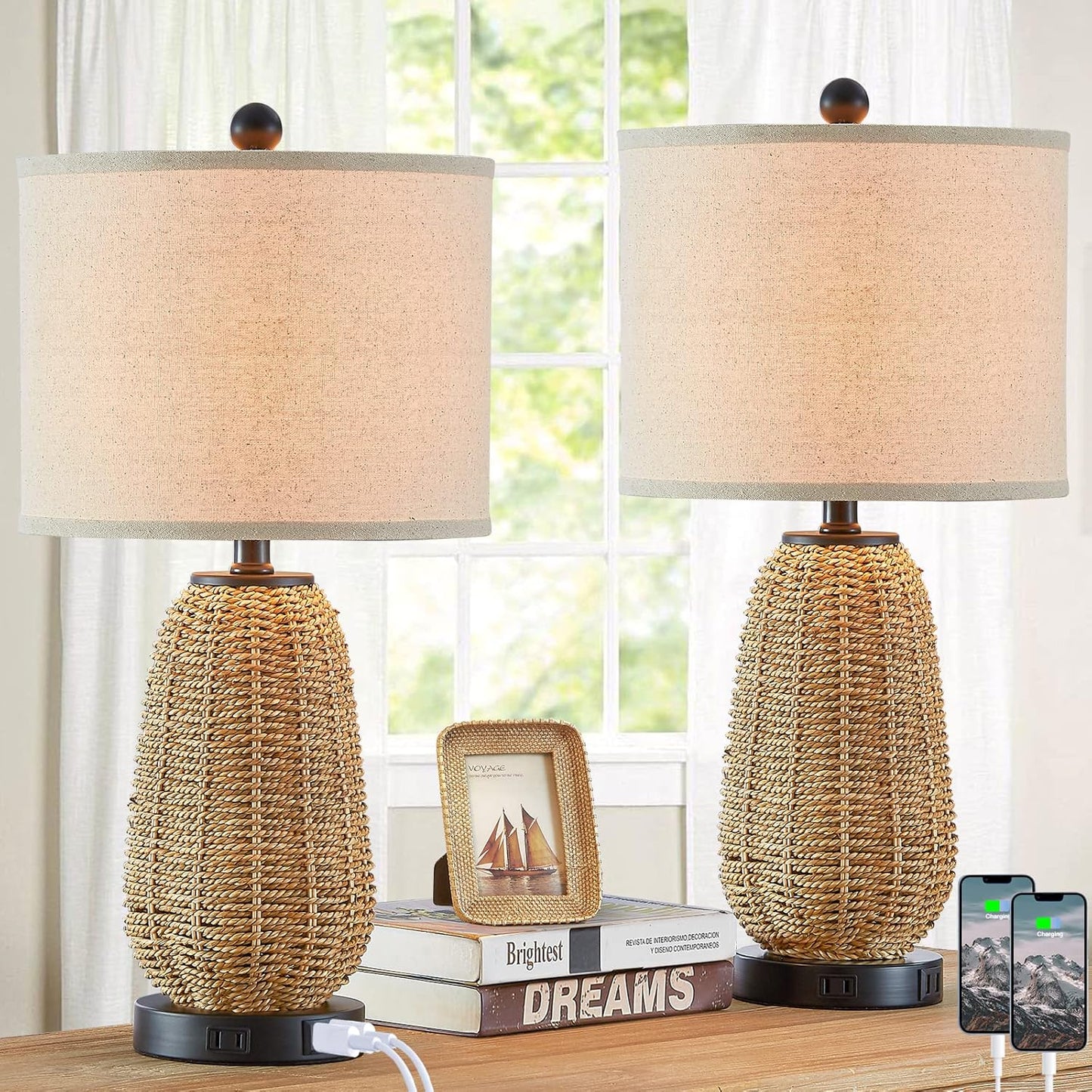 Touch Control Rattan Table Lamps with USB Ports for Bedroom