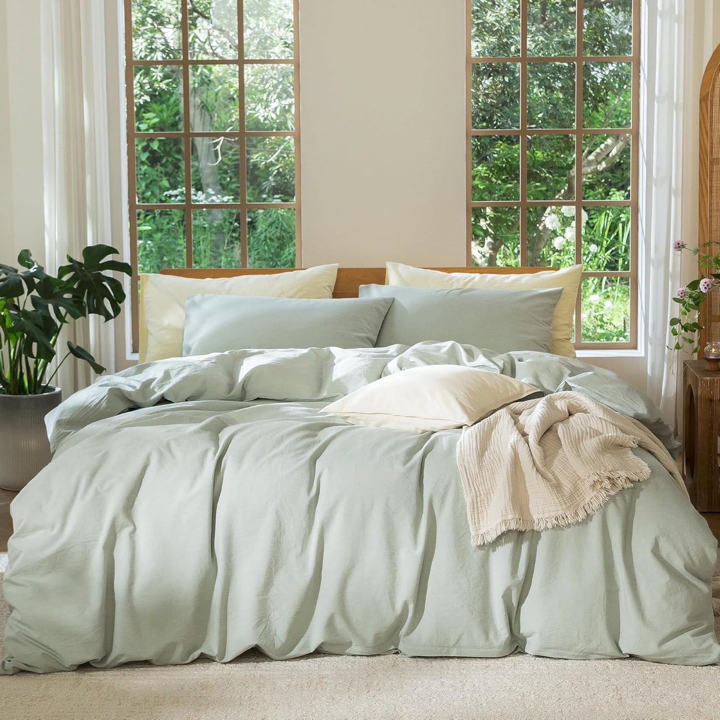MooMee Bedding Duvet Cover Set in Heathered Sage Green Queen Size