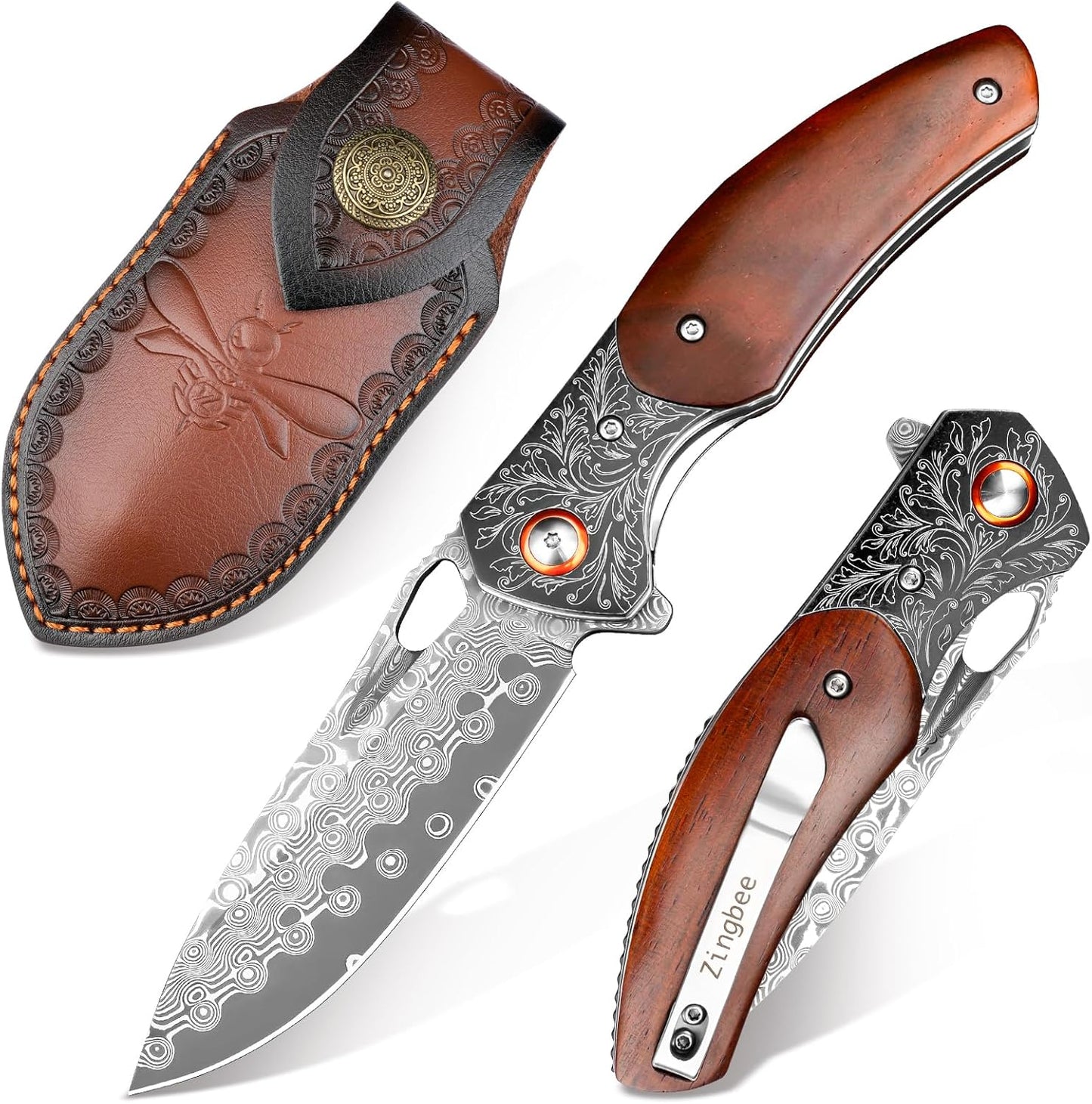 Damascus Pocket Knife with Sheath for Outdoor Adventures