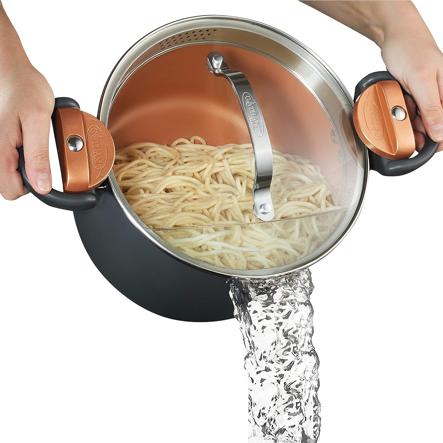 Gotham Steel 5 Quart Stock Pot with Strainer Lid for Easy Cooking