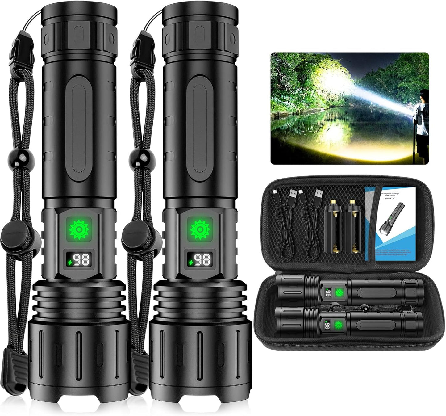 Super Bright Rechargeable Flashlights - 2 Pack LED Handheld