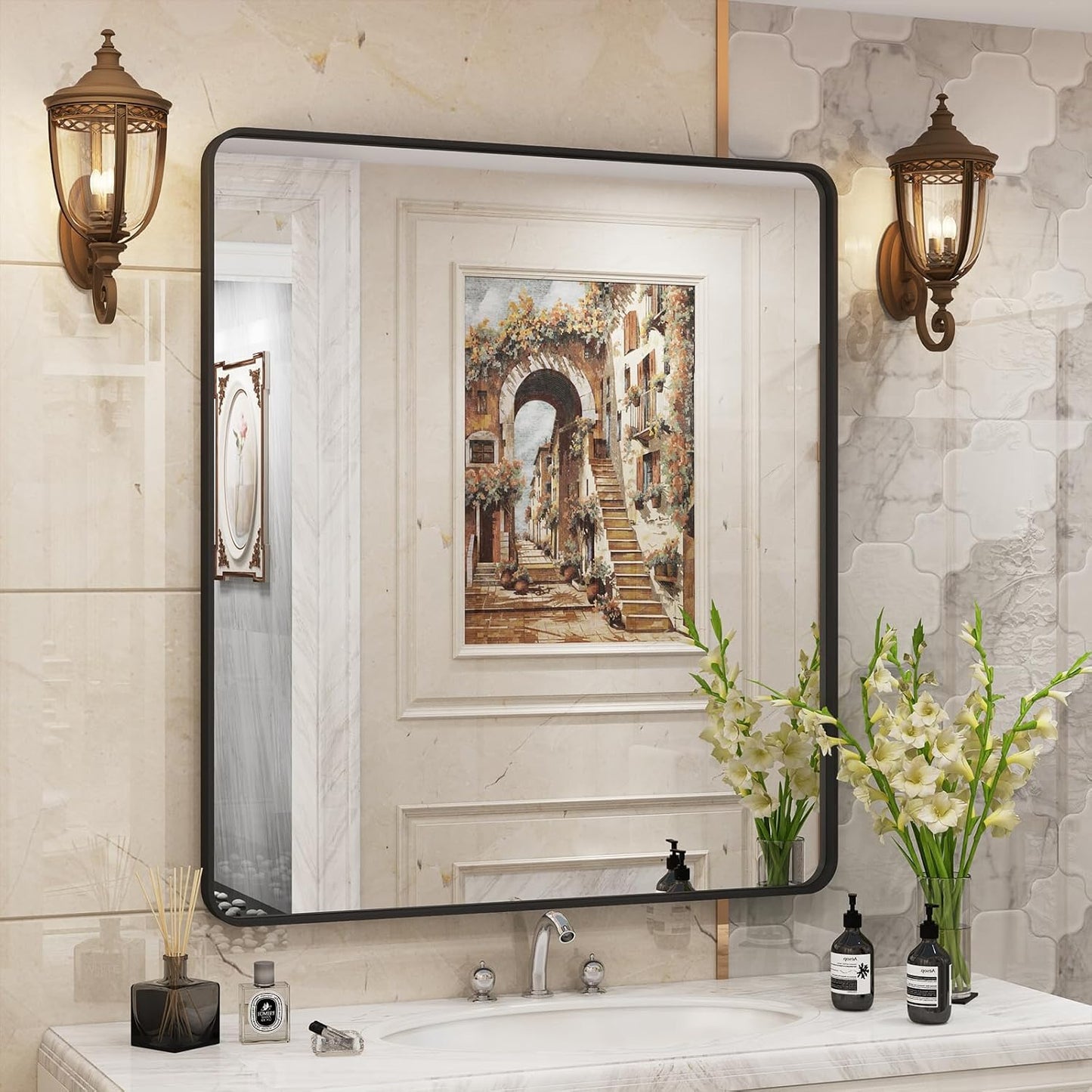 32x36 Inch Black Metal Framed Bathroom Mirror for Wall Decor
