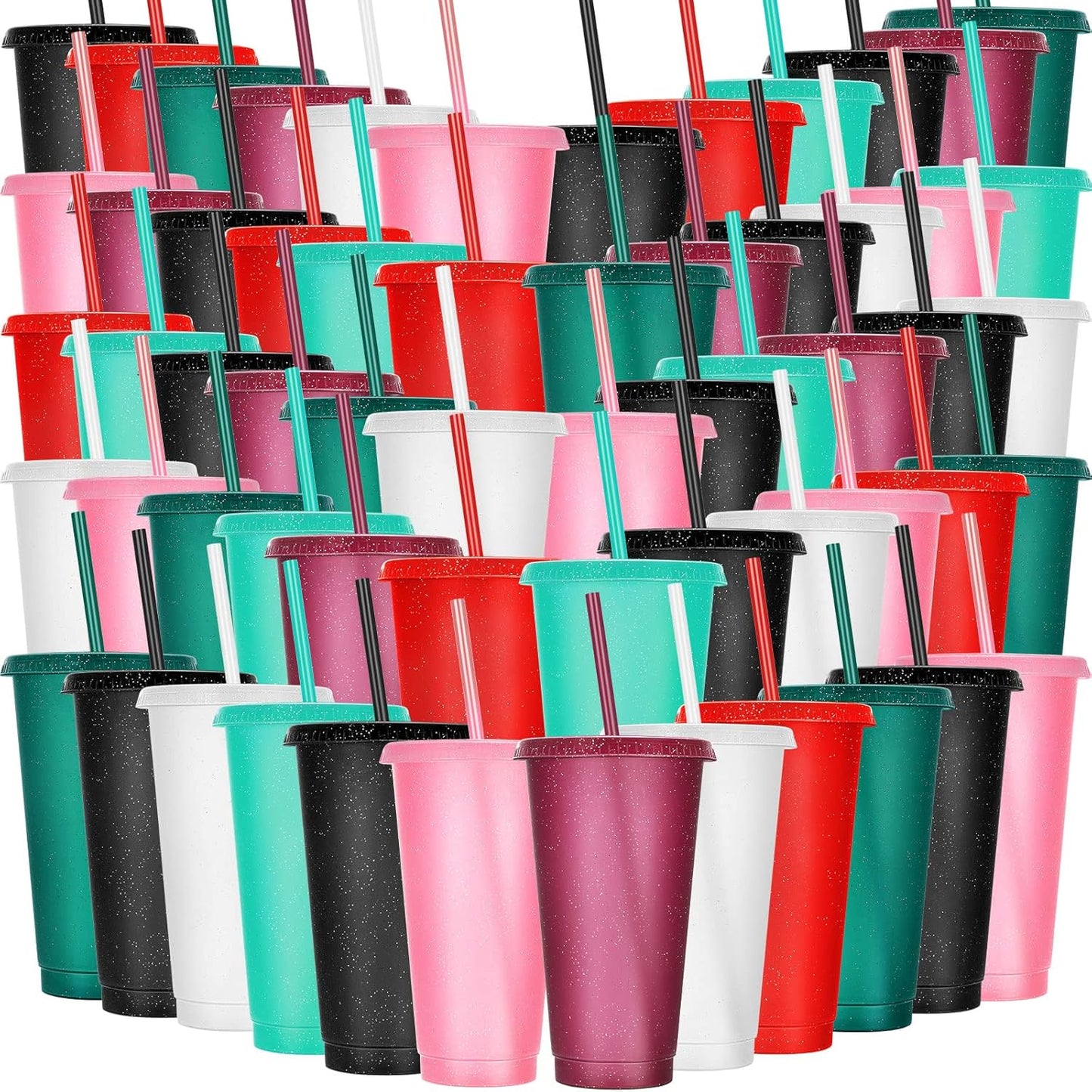 60 Pack Glitter Plastic Cups with Straw and Lid for Parties