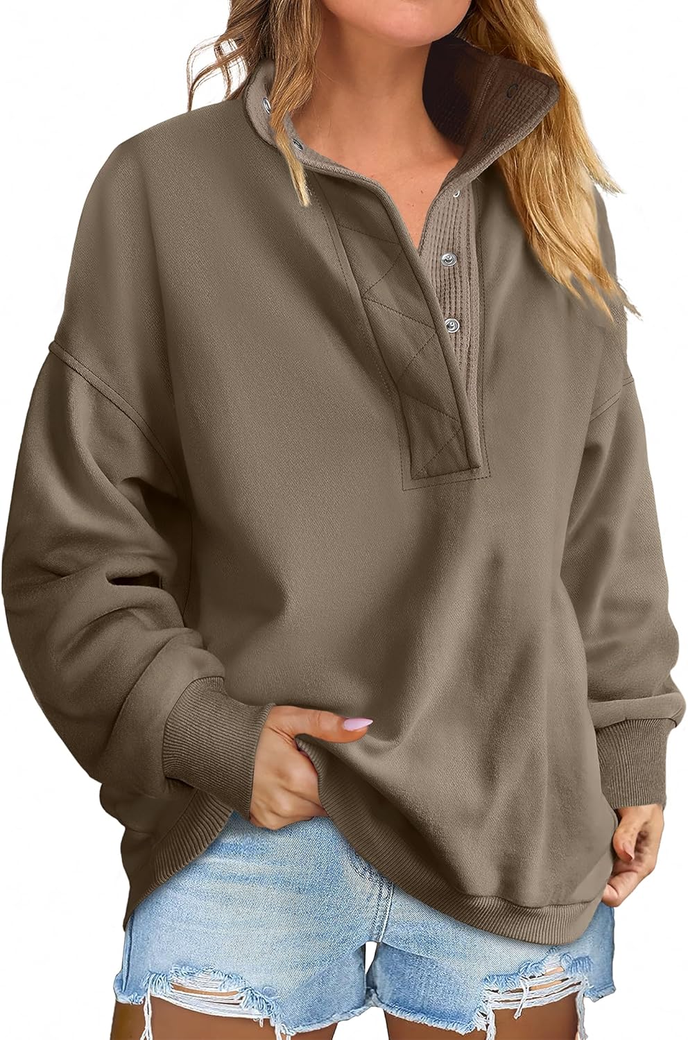 Oversized Sweatshirt for Women - Casual Henley Pullover Tops