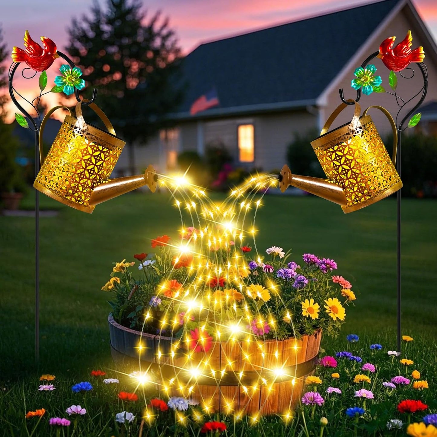 Solar Watering Can with Cascading Lights for Outdoor Decor