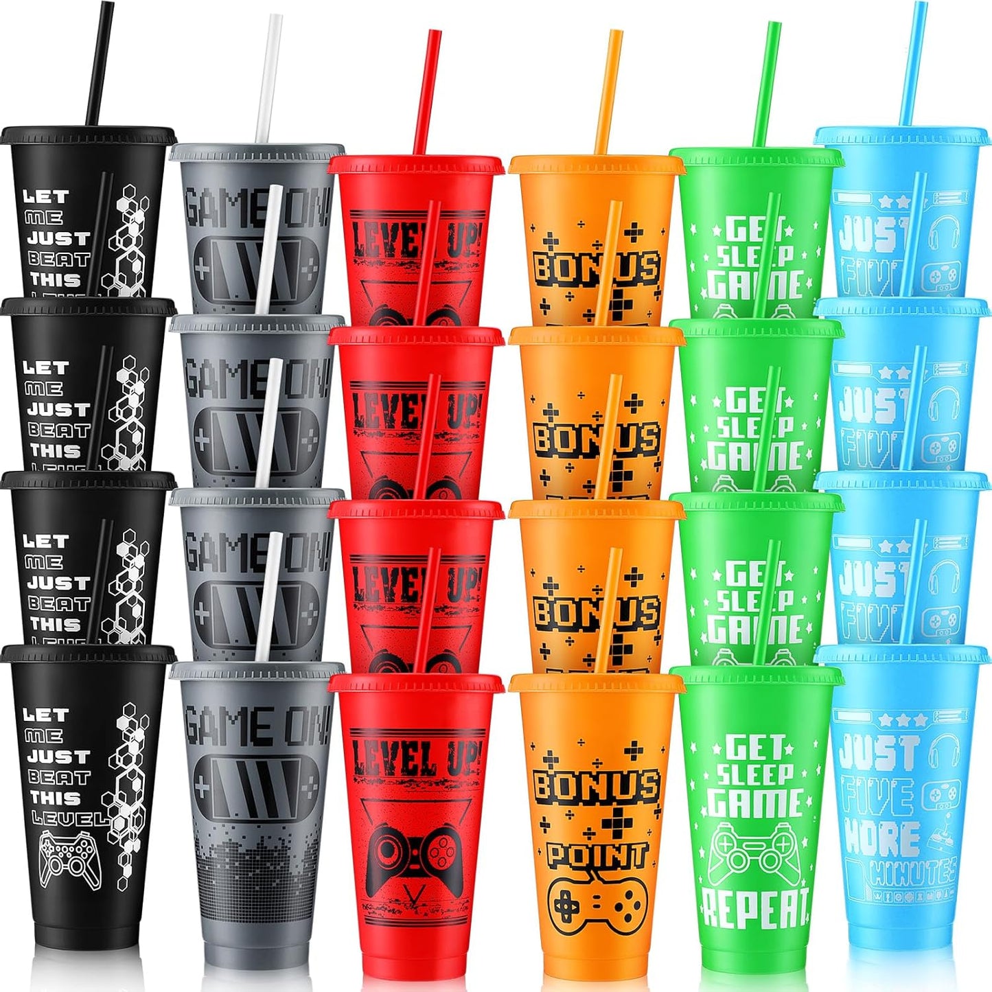 Mifoci Video Game Plastic Cups with Lids and Straws for Parties