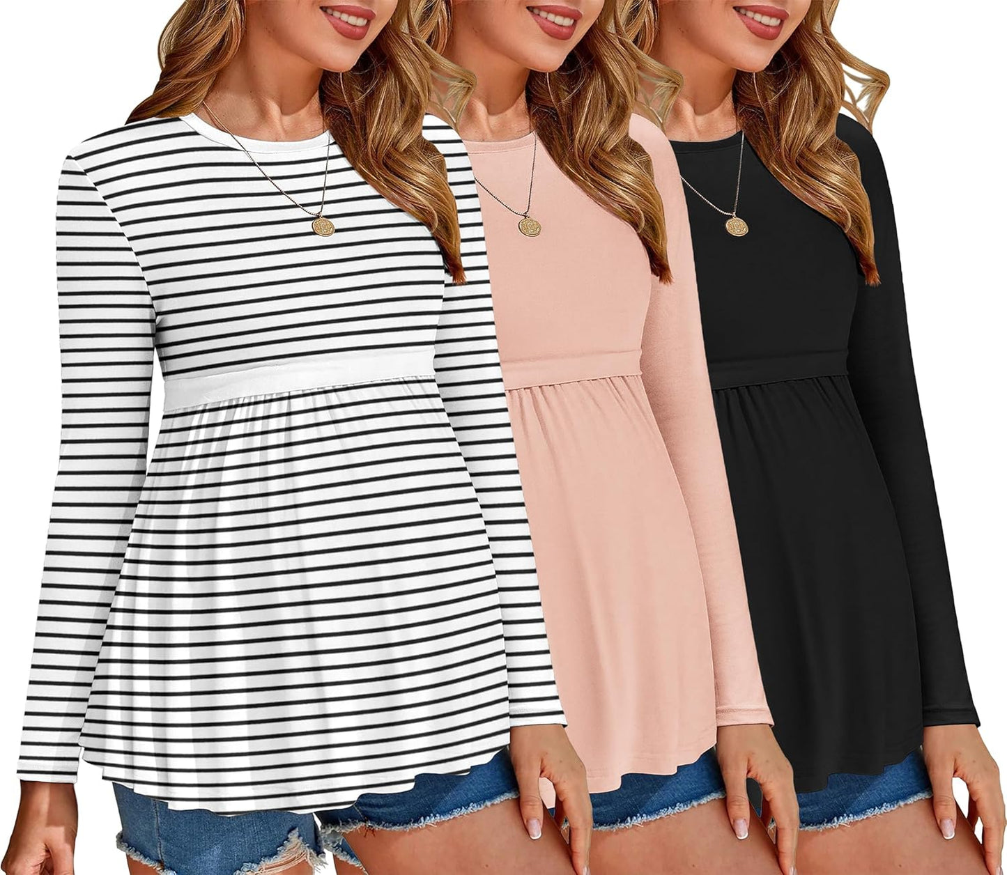 Ekouaer Maternity Shirts 3 Packs Long Sleeve Tops for Moms
