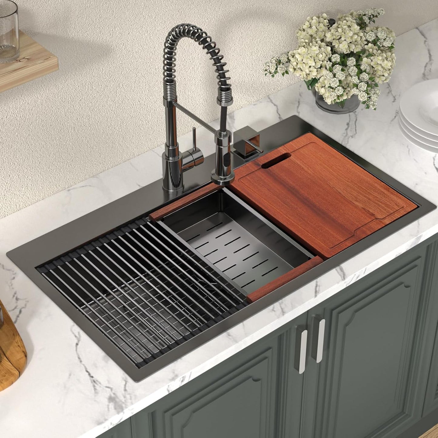 33 Inch Black Drop In Kitchen Sink with Workstation Design
