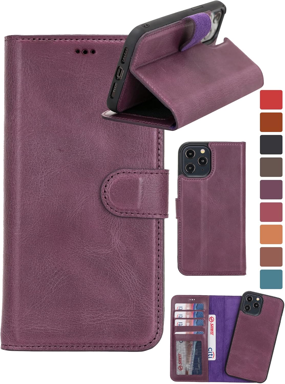Genuine Leather Handmade Wallet Case for iPhone 12 Mini 5.4 in Purple