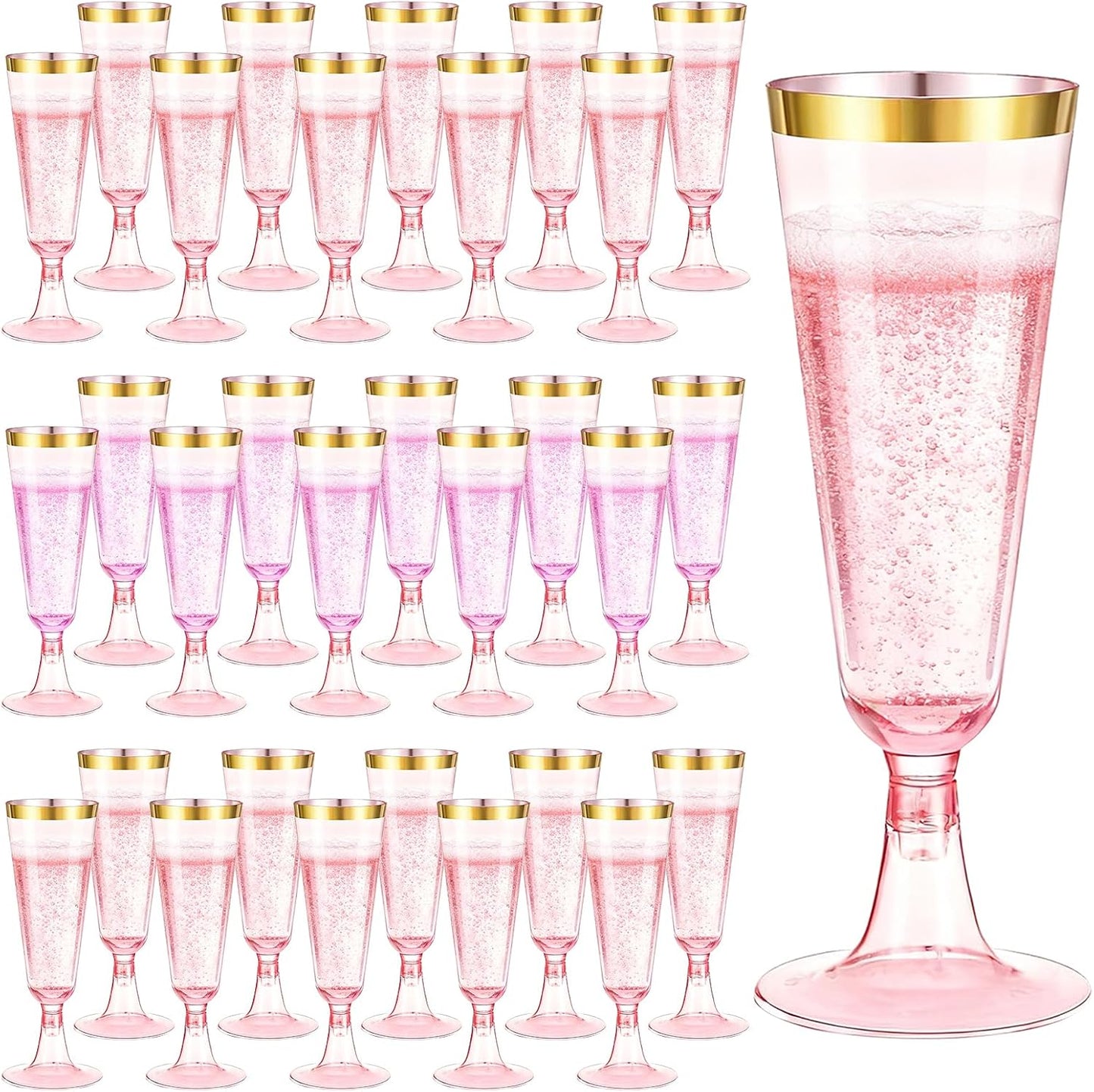 200 Pack Pink Plastic Champagne Flutes for Celebrations