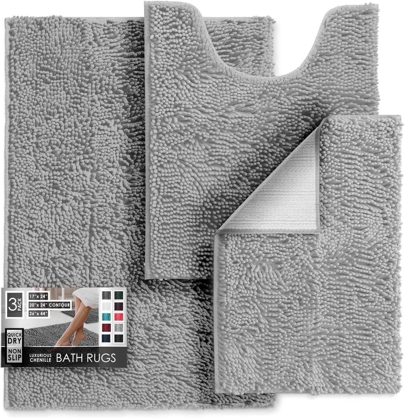 Chenille Bath Mats Set - Soft, Non-Slip, Machine Washable Rugs