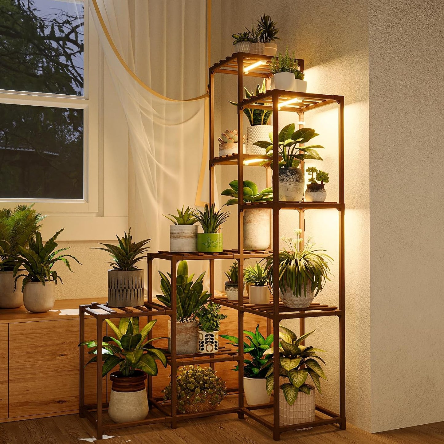 Bamworld Corner Plant Stand with Grow Lights for Indoor Plants