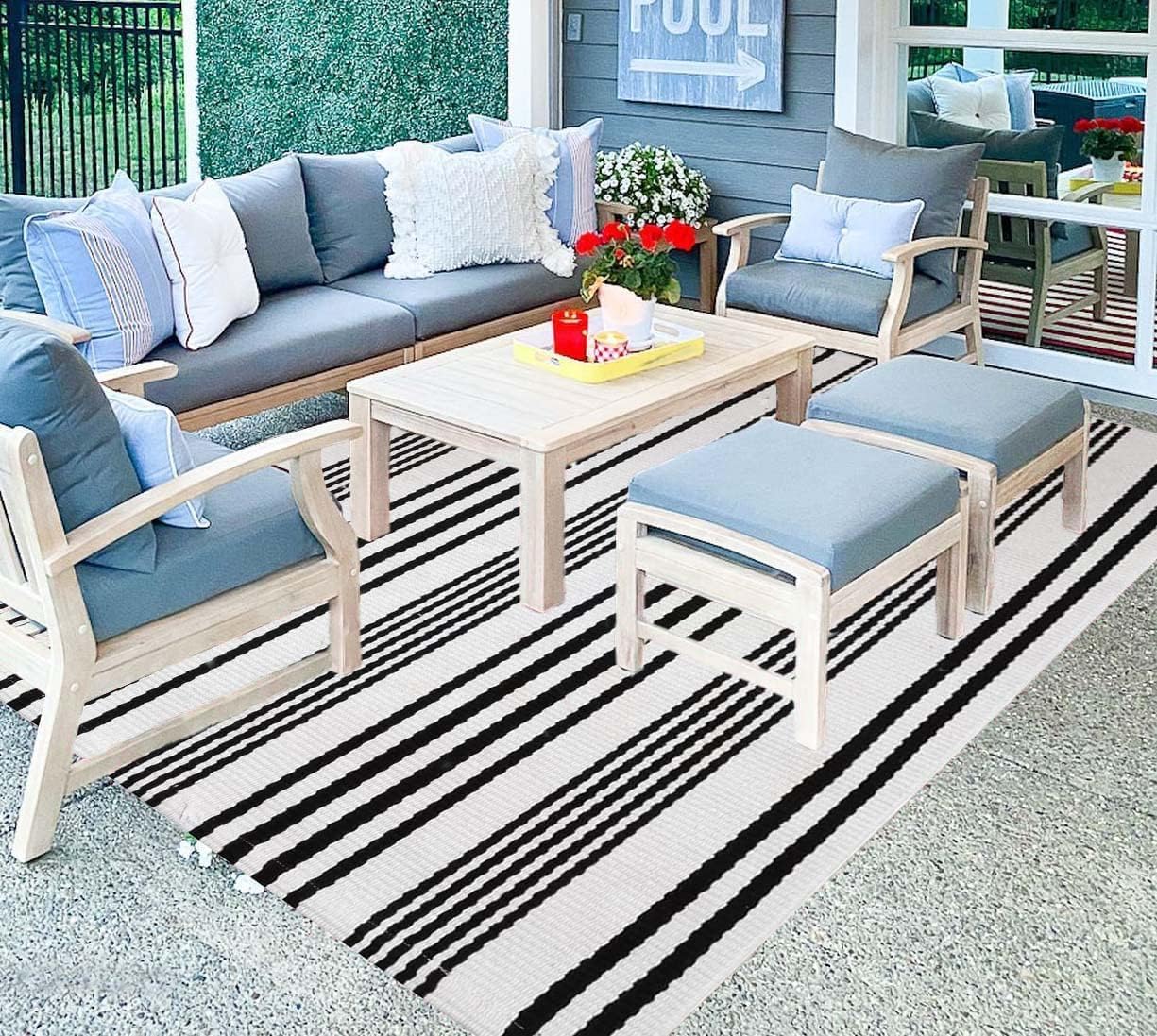 Black and White Striped Outdoor Patio Rug for Modern Decor
