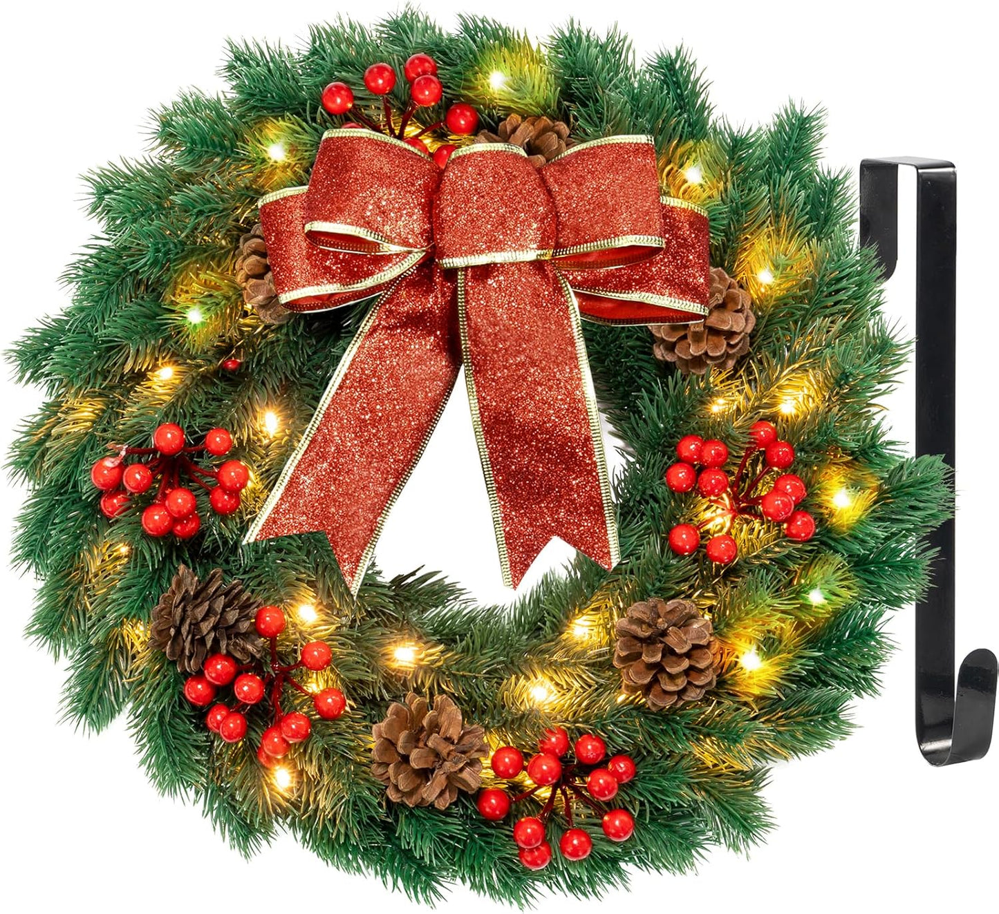 Christmas Wreaths for Front Door with Lights & Timer - 17in
