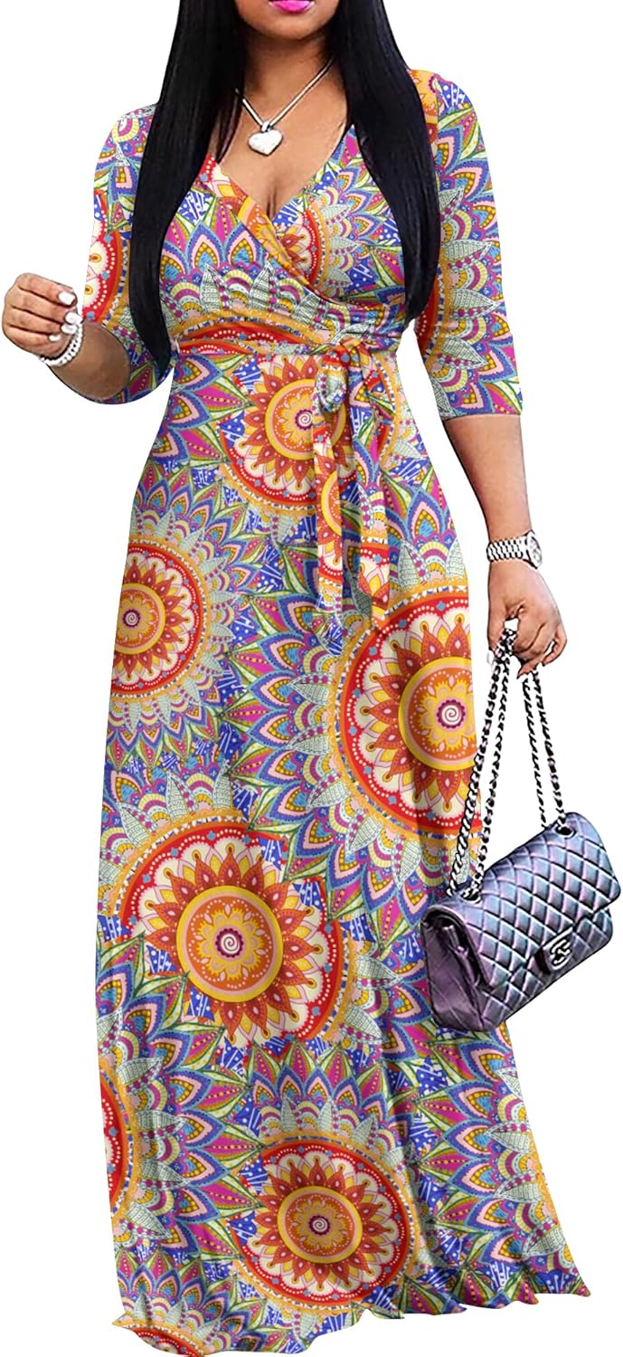 AOMONI Women's Floral Print Maxi Dress with Pockets for Summer