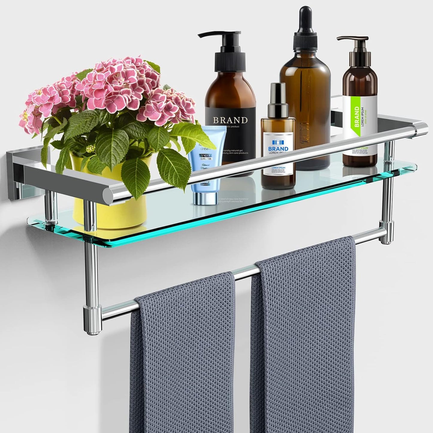 Bathroom Glass Shelf with Towel Rack Organizer for Storage