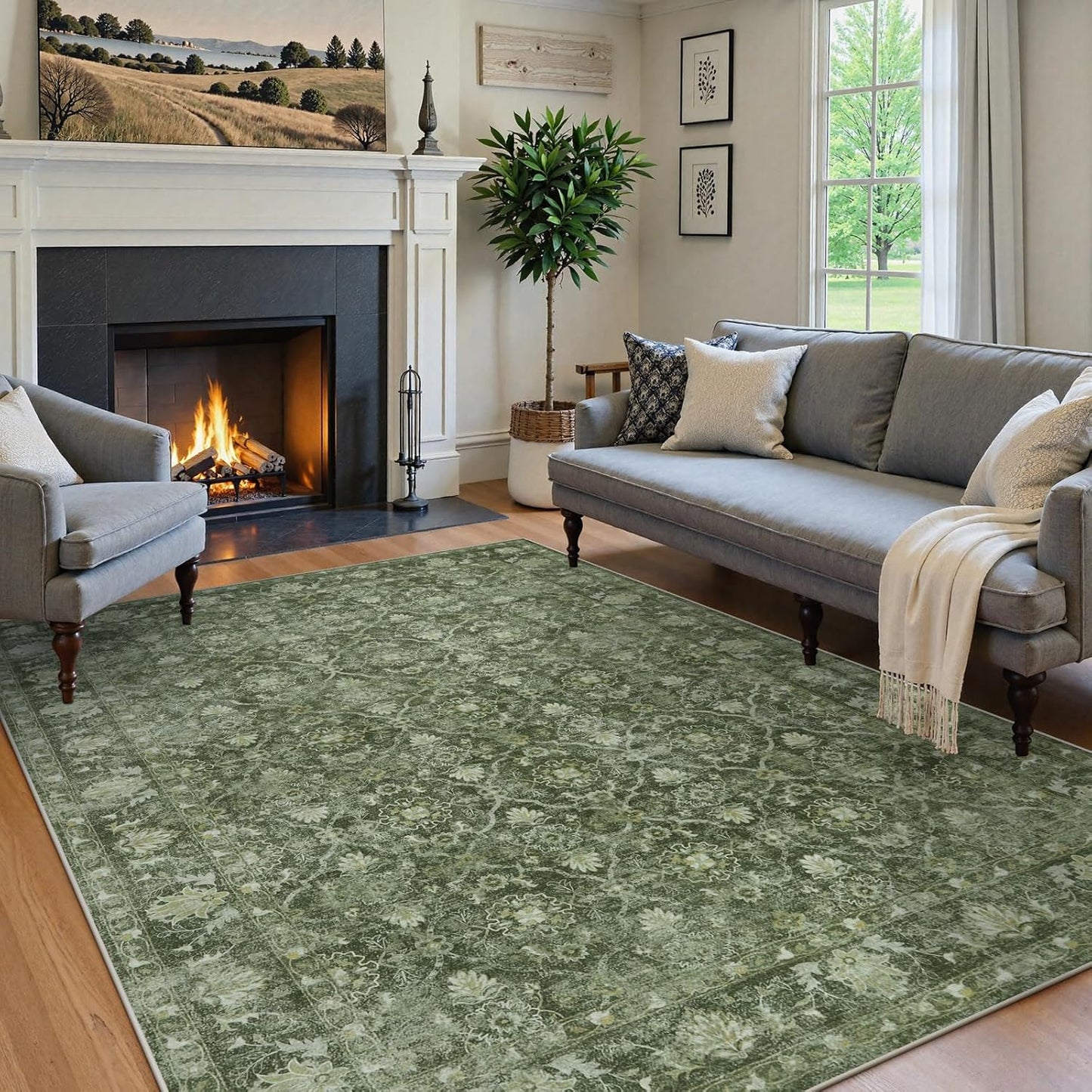 Boho 5x7 Green Rugs for Bedroom, Soft Low Pile Area Rug