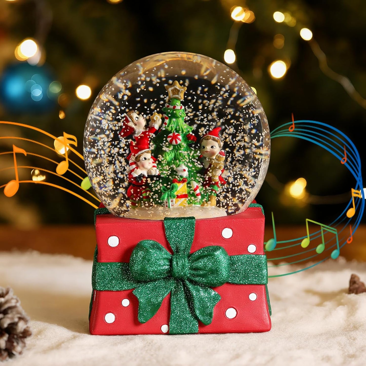 Lewondr Christmas Snow Globe with Music and Light for Home