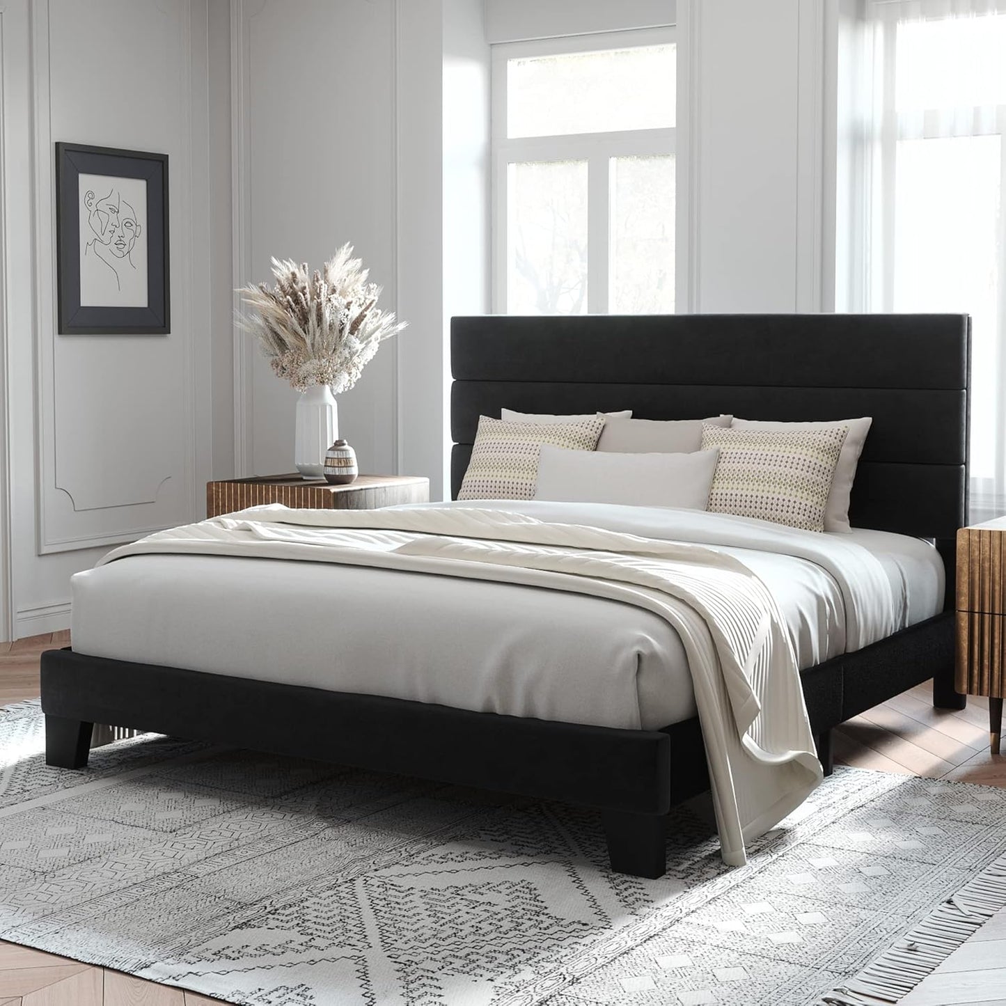 Allewie King Size Platform Bed Frame with Velvet Headboard
