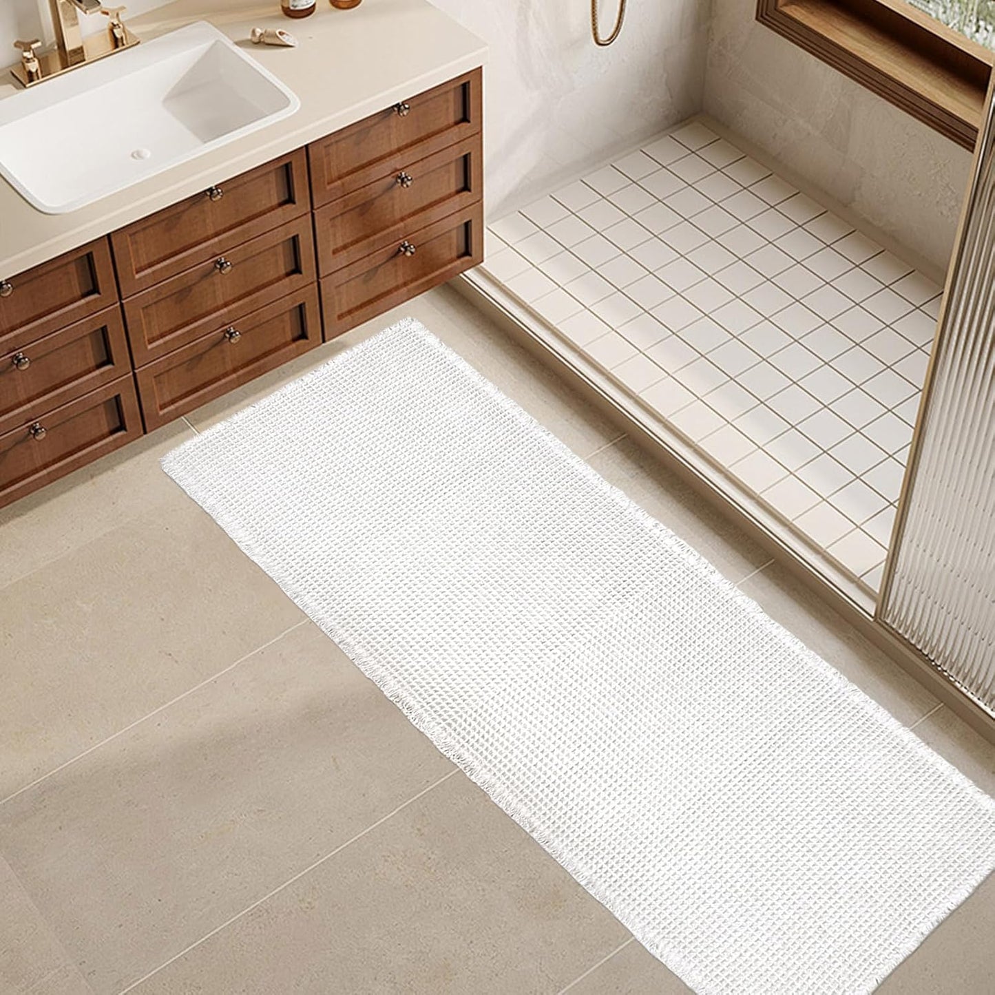 ZALL Waffle Bath Mat White Super Absorbent Non Slip Rug 24X60in